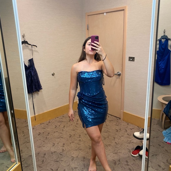 Blue Sequin Strapless Dress - Picture 2 of 2